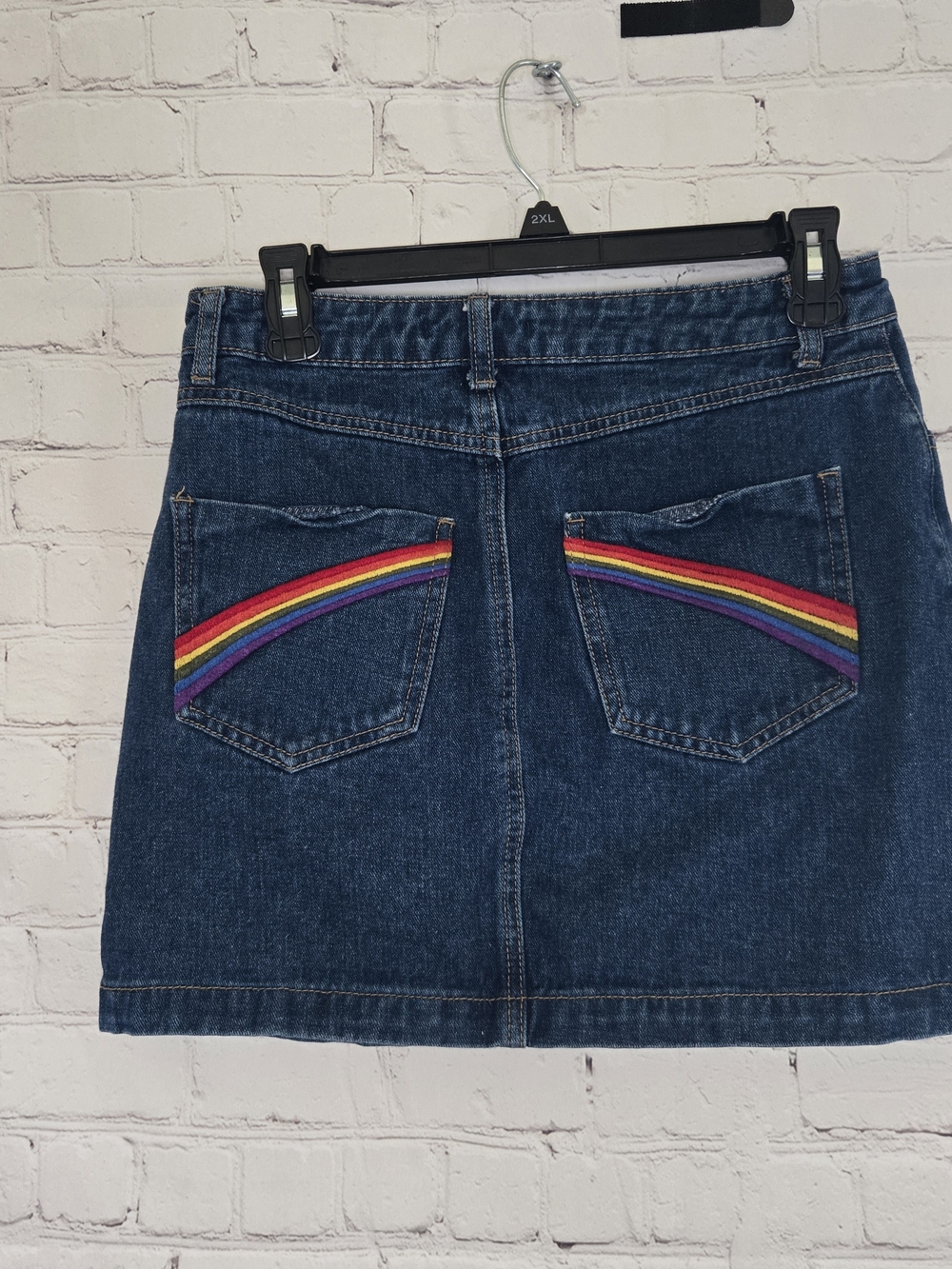 Forever 21 Rainbow Pockets Denim Button Fly Skirt Size L Pride Festival